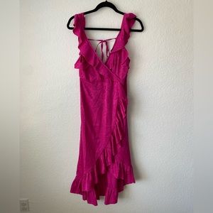 TOPSHOP Hot Pink Floral Jacquard Ruffle Trim Wrap V-Neck Midi Maxi Dress 4